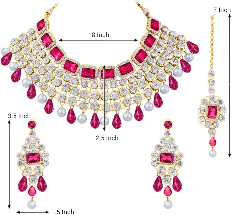 Aheli Kundan and Simulated Colored Stones Indian Ethnic Maang Tikka Necklace and Earrings Set Bollywood Festive Statement Jewelry Gift for Women