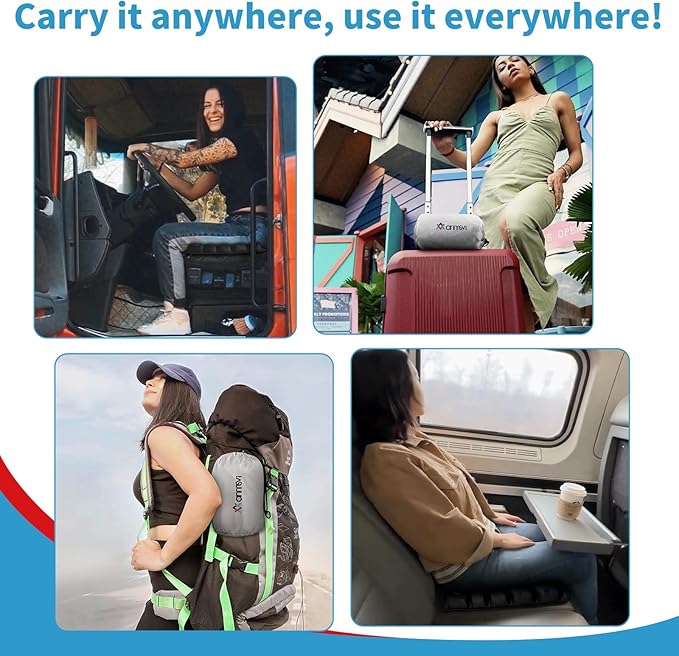 Inflatable Travel Seat Cushion with Built-in Pump & Carry Bag - Portable and Adjustable for use in Airplane, Car, Train, Truck, Office, Home - Coccyx, Sciatica, Tailbone Pain Relief (Black)