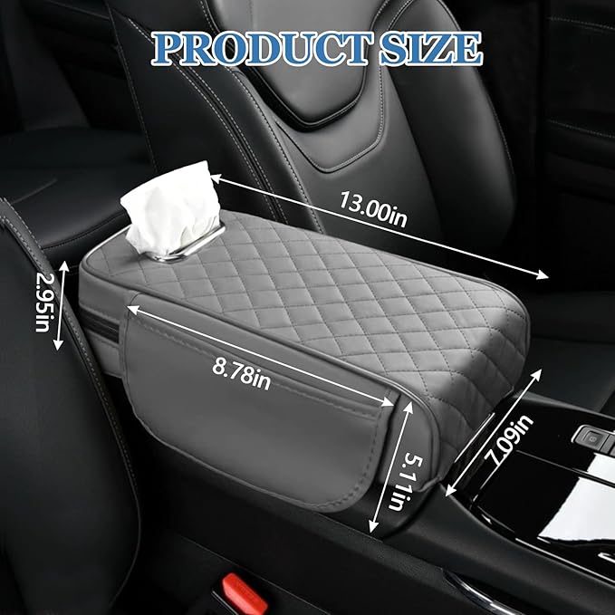 Wogomz Car Center Console Cover, 13"×7.09"×2.95" Leather Car Armrest Cover with Pockets & Tissue Box, Comfortable Auto Armrest Cushion, Universal Arm Rest Protector for Car SUV Truck (Gray)