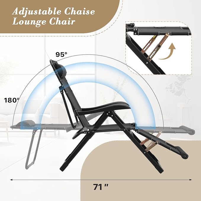 Athena Collection Zero Gravity Outdoor Lounge Chair Recliner, 27" Width Reclining Pool Lounge Lawn Chairs with Headrest Curved Armrest Foot Pad, Outdoor Chaise for Beach Patio Outside, Black