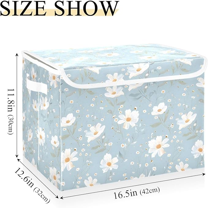 senya Large Storage Bins with Linen Collapsible Foldable Storage Cubes Fabric Closet Organizer Containers box with Flip-Top Lid for Home Bedroom Office 16.7 x 12.6 x 11.8in (White Flowers)