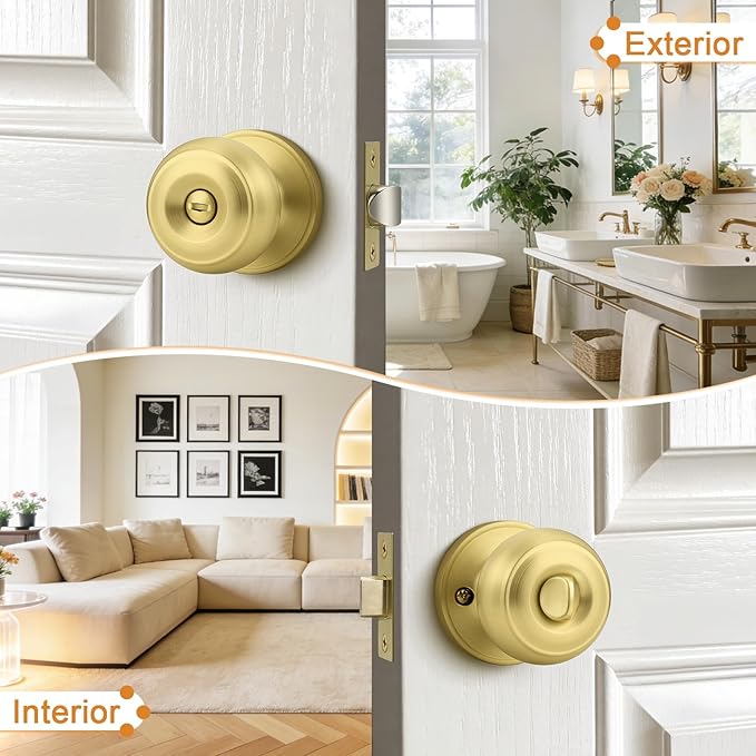 Probrico Brushed Brass Door Knob, Gold Bedroom Bathroom Door Knobs Inteior, Privacy Door Knobs, 6 Pack