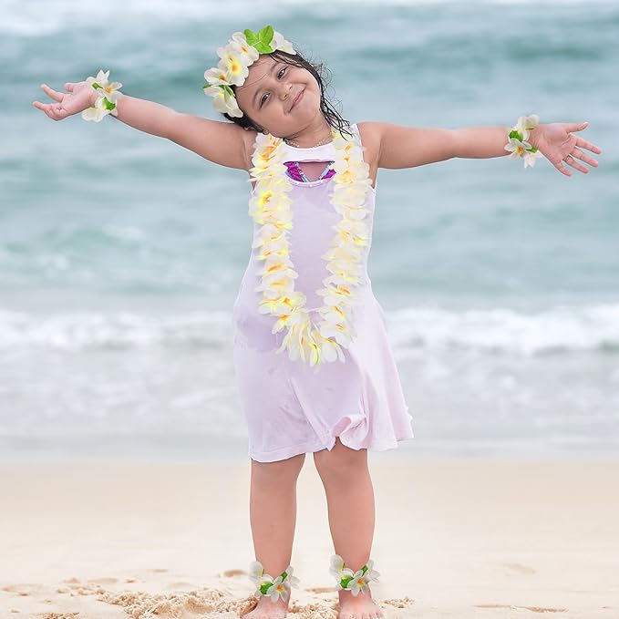 HOBBY HORSE 24 Pieces Hawaiian Luau Flower Leis Halloween Decor Leis White Necklaces Bracelets Headband Anklets Set Tropical Party Favor for Halloween Cosplay Beach Wedding Birthday Party Supplies