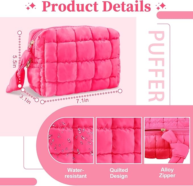 Puffer Quilted Makeup Bag Cosmetic Bags,Puffy Travel Toiletry Pouch for Women,Cute Checkered Zipper Bag Travel Essential,Portable Aesthetic Make up Organizer Bag for Gifts Work Daily(RoseRed,S)