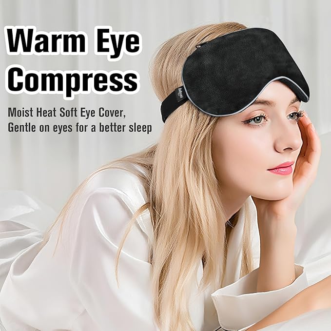 BeHoomi Heated Eye Mask Warm Compress for Eyes, Soothing Weighted Eye Mask for Sleeping, Microwave Moist Heating Pad Hot Compress for Eyes Relaxation, Reusable Sleep Mask for Home, Office (Black)