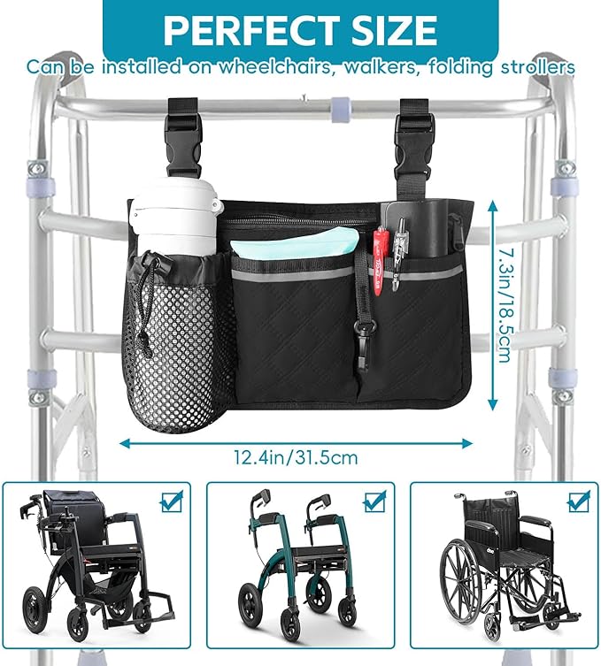 Wheelchair Bag with Cup Holder, Wheelchair Accessories Armrest Side Bag Multi Pockets Pouch for Electric Wheelchairs, Walker, Rollators & Mobility Scooters, Adults, Seniors, Black