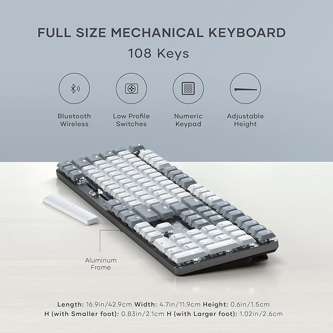 Satechi SM3 Mechanical Keyboard for Mac and Windows, 108 Keys Full Size with White LED Backlit, Wired and Bluetooth for Mac and Windows - Light Gray/White