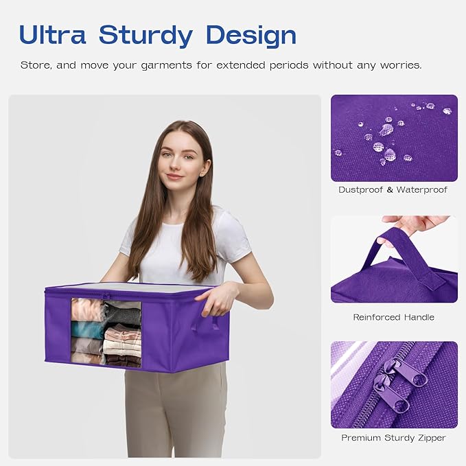 Clothes Storage Bags, Foldable Thick Fabric Blanket Storage Bags, Large Clear Window & Carry Handles, Great for Clothes, Blankets, Closets, Pillows, Toys (Purple, 4PACK)