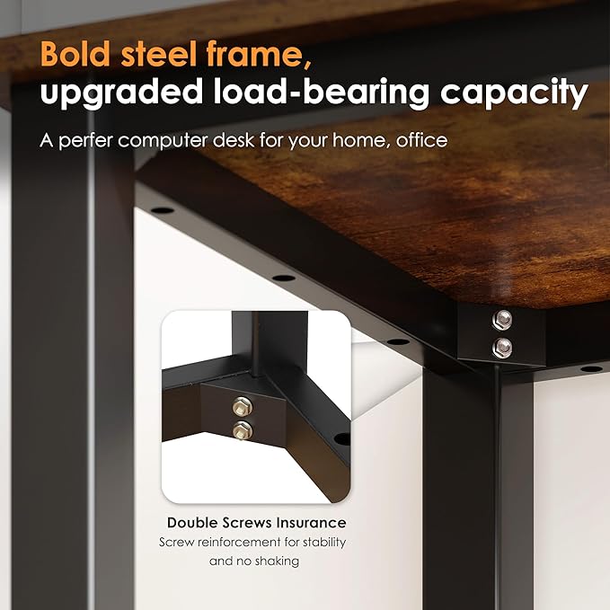 Need Computer Desk, 47 inch Home Office Desk, Modern Simple Style Home Office Gaming Desk, Basic Writing Table for Study Student, Black Metal Frame, Rustic Brown