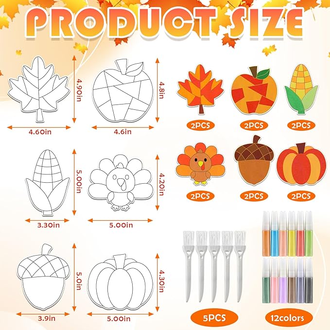 24 Sets Thanksgiving Sand Art Craft Kit for Kids Turkey Maple Leaf Pumpkin Fall DIY Sand Painting Kit with Colored Sand Brushes Make Your Own Sand Art for Thanksgiving Party Home Activities