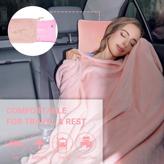 CLEXION Travel Blanket & Pillow Set, 300 GSM Soft Fleece, 60x43 Inches, 3-in-1 Airplane Blanket, Travel Pillow and Blanket Set, Travel Blanket Airplane Compact with Bag, Travel Essentials, Pink
