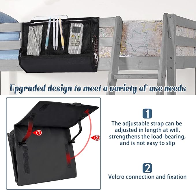 Bedside Storage Organizer with Power Strip Holder and Adjustable Straps Bed Hanging Bag for Home Bunk Bed Dorm Sofa (Black)