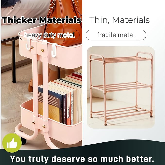 LIWNYRK 2 Tier Rolling Cart with Wheels for Under Desk Storage, Pink Small Rolling Pantry Storage Cart for Small Space, Metal Short Utility Shelf for Vanity Kitchen Bathrrom Laundry Organization