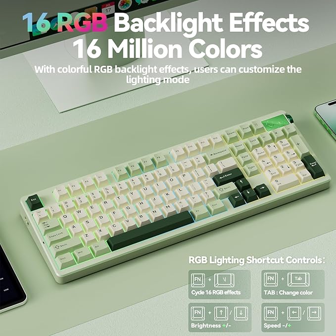 LEOBOG A98-96% Mechanical Keyboard Wireless, Tri-Mode BT5.0/2.4GHz/USB-C, Creamy Keyboard with Number Pad, Gasket Structure Hot Swappable, RGB Backlit Green Gaming Keyboard with Knob for PC