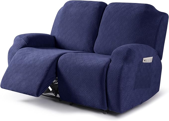 VANSOFY Recliner Cover, 2-Pieces Stretch Reclining Couch Cover with Pockets Loveseat Sofa Slipcovers Soft Washable Furniture Protector for Dogs(Navy Blue)