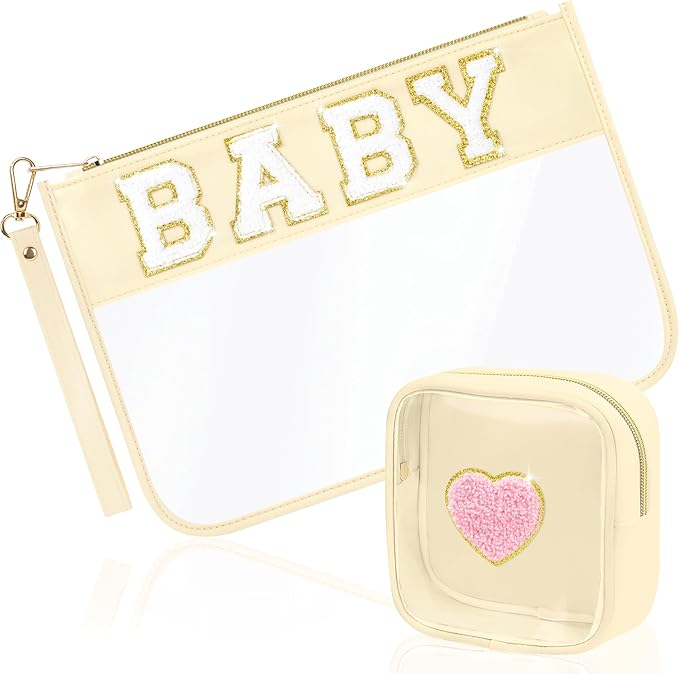 BuyCard 2 Pcs Preppy Patch Clear Baby Bag, Women Chenille Letter Makeup Cosmetic Bag for Travel, PVC Waterproof Organization Outdoor Zipper Pouch Toiletry Bag for Women Girl