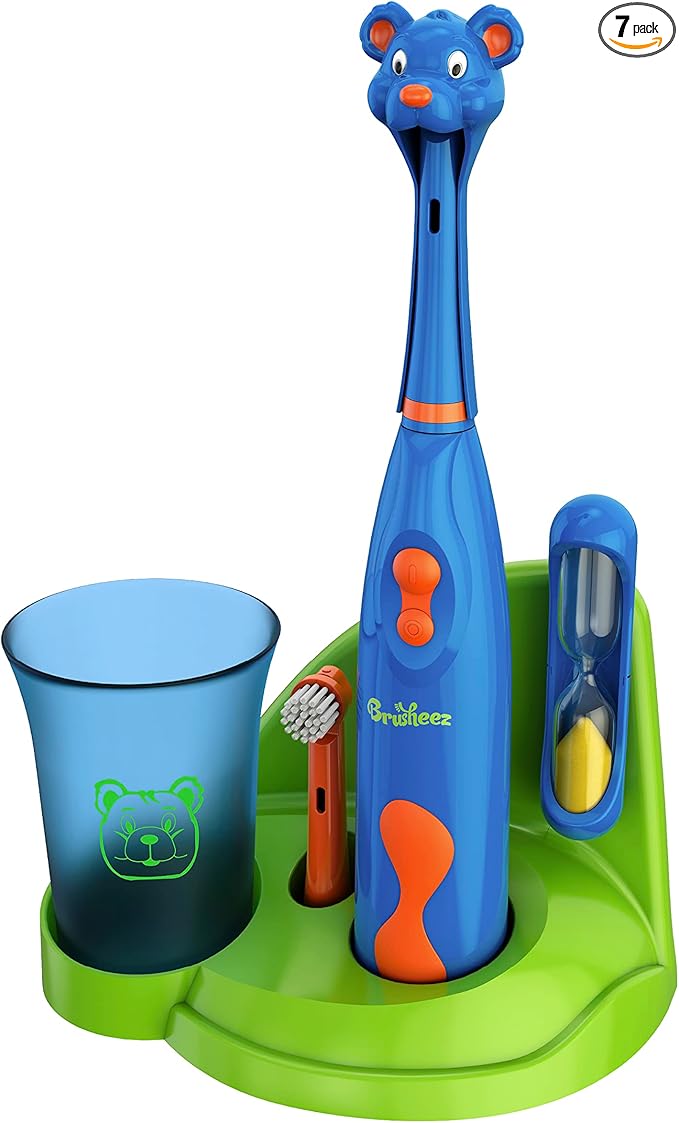 Brusheez Kids’ Electric Toothbrush Set - Safe & Effective for Ages 3+ - Parent Tested & Approved with Gentle Bristles, 2 Brush Heads, Rinse Cup, 2-Minute Timer, & Storage Base (Buddy The Bear)