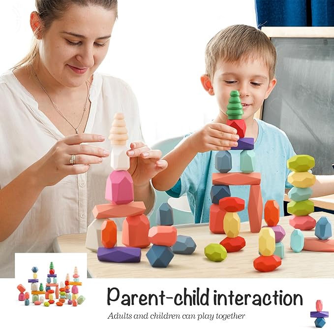 OESSUF Stacking Rocks 48Pcs Stacking Blocks Balancing Stacking Stones Wooden Building Toys Wood Stone Stacking Game for Toddler Sorting Preschool Educational Montessori Stacking Rocks for Kids