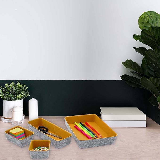 Welaxy Felt Desk Drawer Organizer Trays, 8-Piece Storage Bins for Office Supplies, Entryway Catchall, Makeup & Decluttering (Curry)