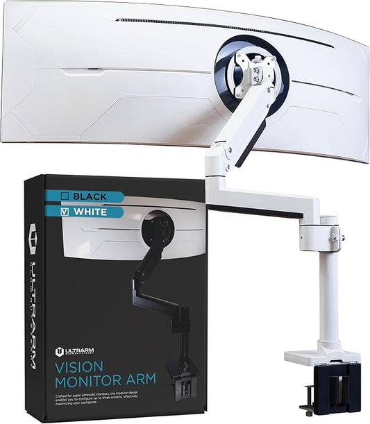 ULTRARM Heavy Duty Monitor Arm for Ultrawide Monitors up to 57" and 44 lbs, Single Desk Stand, Pneumatic Height Adjustable, Modular Extension Arms - Max VESA 100x100, White, MA20PW-S