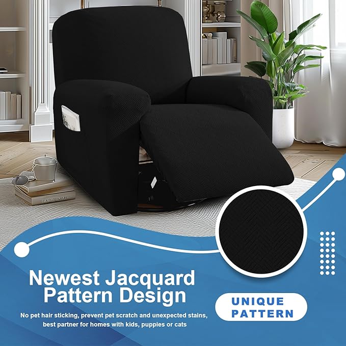 JIVINER 3 Piece Recliner Chair Cover Stretch Lazy Boy Non Slip Covers for Recliner with Pockets Soft Jacquard Reclining Sofa Slipcovers Furniture Protector with Elastic Bottom (1 Seater, Black)