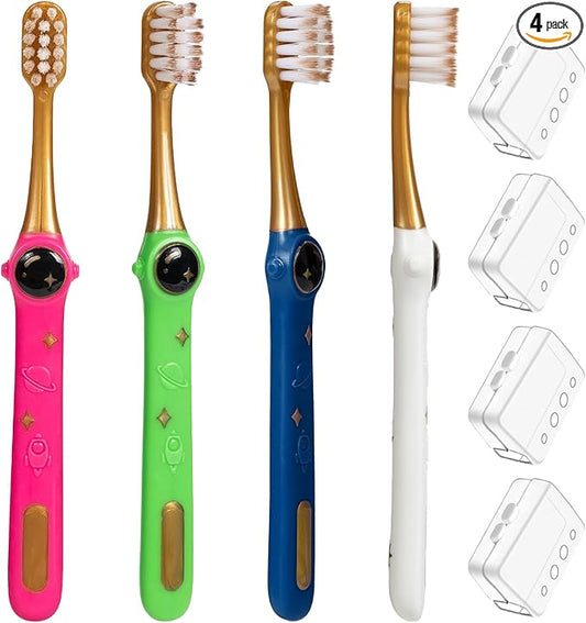 Kids Toothbrush - Pack of 4 Galactic Adventures Style, Toddler Toothbrush, Soft Bristles with Toothbrush Caps, Children Sized Brush Heads (3-10 Year Old), Girl & Boy Set