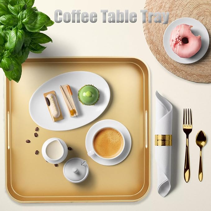 Omuriko Gold Square Decorative Tray with Handles, 13"*13" Versatile Serving Tray for Coffee Table, Ottoman, Ideal for Serving, Displaying, Organizing
