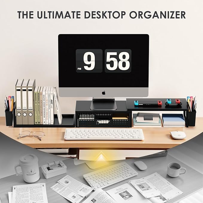 OPNICE Desk Organizers and Accessories, Dual Monitor Stand Riser with Drawer and 2 Pen Holders, Desk Shelf Metal Computer Racks for Office Workspace Organizers, Desktop Organization (Black)
