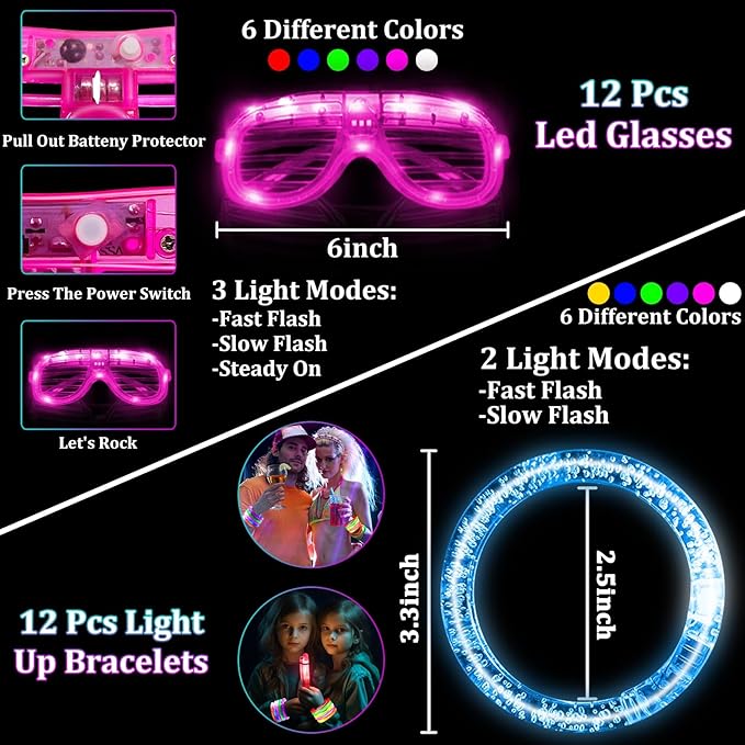 148 PCS New Years Eve Glow in the Dark Party Supplies Favors- 24 Pcs 16" Foam Glow Sticks+12 Pcs LED Glasses+12 Pcs Light Up Bracelets+100Pcs Glow Sticks Bulk Party Pack for Birthday Wedding Carnival