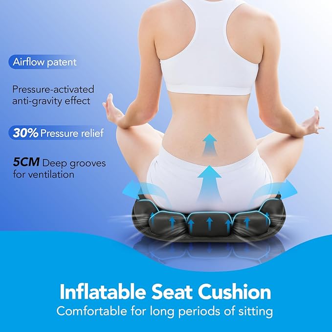 34 Air Cell Self-Inflating Seat Cushion, 3D Air Bubble Design for Tailbone Pain & Hemorrhoid Relief, Pressure Relief Cushion for Office Chair, Car, Wheelchair, Airplane Travel, Home (No Pump Needed)