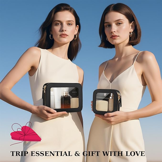 MSTONAL Clear Makeup Bag, Travel Toiletry Bag Cosmetic Case for Women, Waterproof Portable Make Up Skincare Pouch with Zipper, Compact Car Organizer Bag for Essentials, Mini & Medium, Black