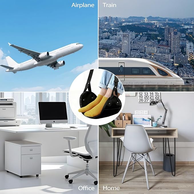 Airplane Travel Foot Hammock, Adjustable Footrest for Long Flight Trip, Travel Essentials to Relax Feet, Black