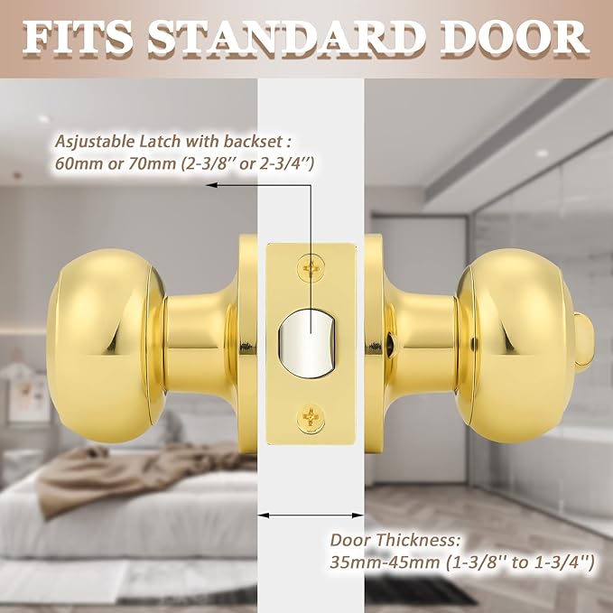 Probrico Privacy Door Knobs Lock Interior Bedroom Bathroom Door Handle Polished Brass Round Ball Keyless Lockset 2 Pack