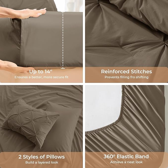 Sasttie Twin XL Comforter Set, 5-Piece Bed in a Bag, Pintuck Bedding Sets for All Season, Includes Comforter, Flat Sheet, Fitted Sheet, Pillowcase and Pillowsham, Brown