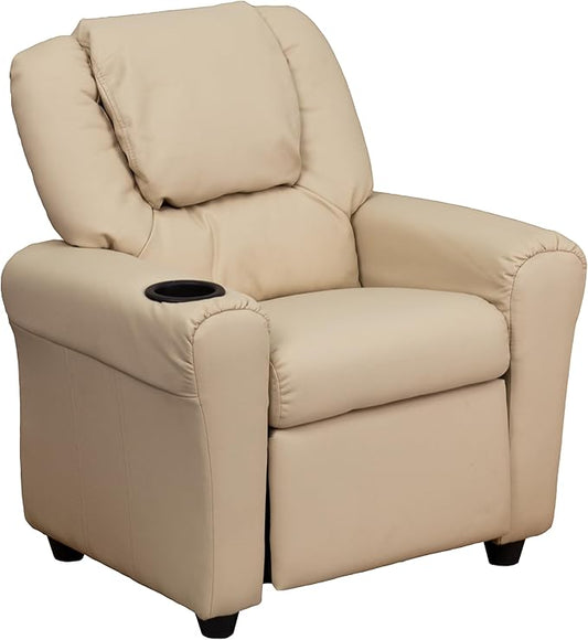 Flash Furniture Vana Vinyl Kids Recliner with Cup Holder, Headrest, and Safety Recline, Contemporary Reclining Chair for Kids, Supports up to 90 lbs., Beige