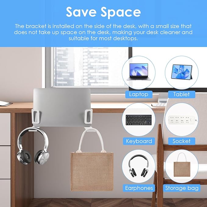 Desk Side Laptop Stand, Vertical Desk Side Laptop Holder with Headphone Stand, Adjustable Length Mount Storage Rack, No Drill Clamp Organizer for Laptops, Tablets, Keyboards (White)