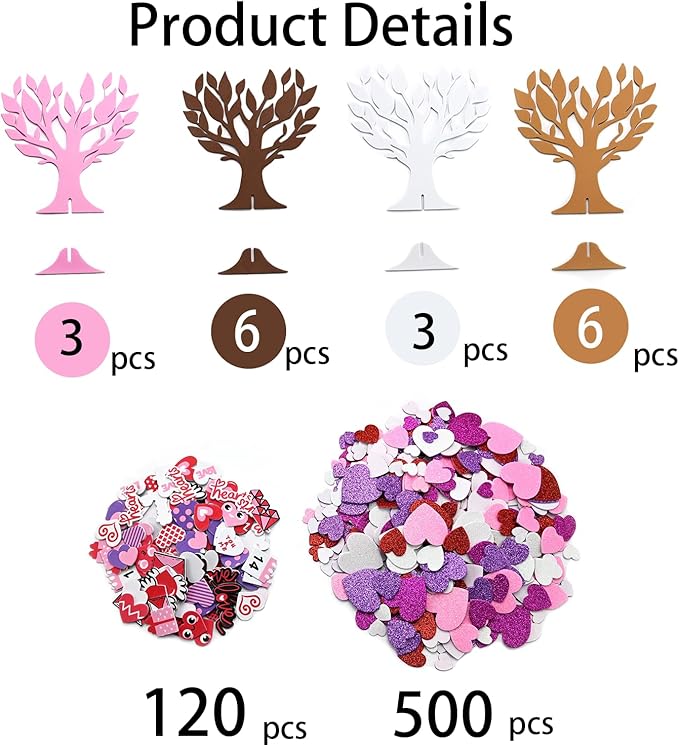 24 Sets DIY Valentine's Day Foam Tree Crafts Kits Decorations Self Adhesive Heart Sticker Love Heart Letter Shiny Sticker for Kids Party Favors Fun Classroom Home Activities