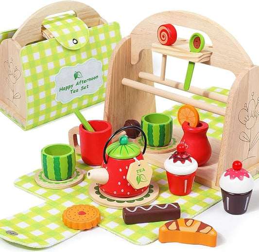 JAUNTY Tea Party Set Toy for Little Toddler Girl 3 4 5 6 Years Old, Wooden Tea Set Pretend Role Play Kitchen Toy with Carrying Case, 3-5 Year Old Kids Girls Boys Birthday