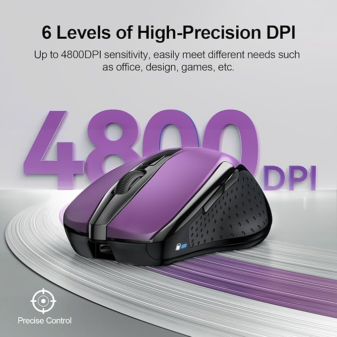 TECKNET Wireless Mouse (BT5.0/3.0 & 2.4G) Rechargeable 4800 DPI Silent USB A & Bluetooth Mouse 6 Buttons, Wide Compatibility - Purple