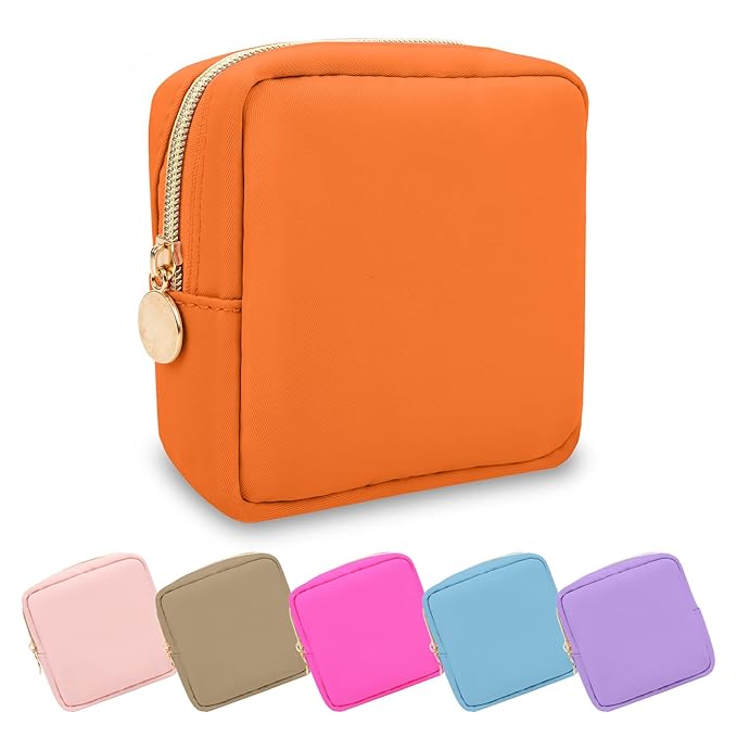 UIXIZQ Mini Makeup Pouch for Purse, Small Cosmetic Bag Pouch Nylon Travel Toiletry Organizers for Women Girls, Cute Zipper Pouch Coin Purse Preppy Storage Bag for School Work(Mini-Peach)