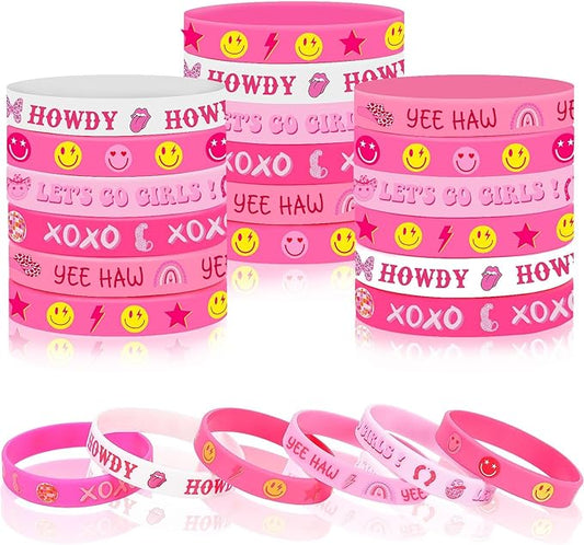JUNEBRUSHS 42pcs Preppy Party Favors Bulk Pink Preppy Birthday Rubber Bracelets Silicone Wristband for Girls Students Birthday Party Favor Gift Supplies(6 Style)