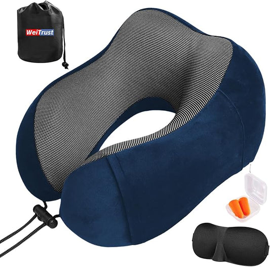 WeiTrust Airplane Pillow, Travel Neck Pillow with Memory Foam - Adjustable Buckle & Machine Washable Cover for Neck Support, Includes Eye Mask & Ear Plugs(Blue)