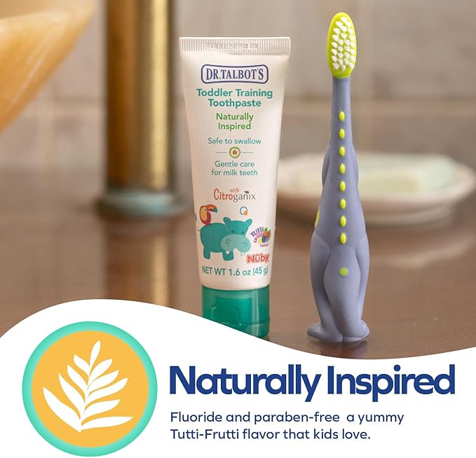 Dr. Talbot's Toddler Training Toothbrush and Natural Kids Toothpaste with Citroganix - 1.6 oz - Fluoride-Free Toothpaste and Toddler Toothbrush - 6+ Months - Dinosaur