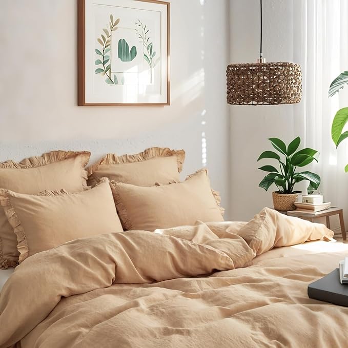Simple&Opulence 100% Linen Duvet Cover Set, 3 PCS Natural French Flax Sand Ruffle Duvet Cover Queen Size, Breathable Comfy Linen Bedding Comforter Cover with 2 Pillowcases (Sand, 88" X 92")
