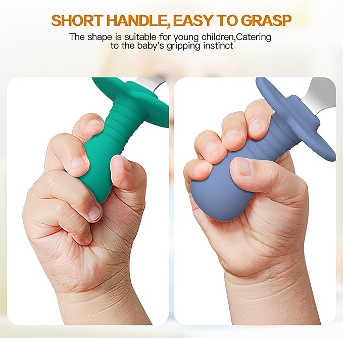 Baby Forks Toddler Forks for Self Feeding, Kids Forks with Silicone Round Handle, Stainless Steel Toddler Utensils Children Safe Silverware Set, Anti-Choke Design, BPA Free - Green Blue