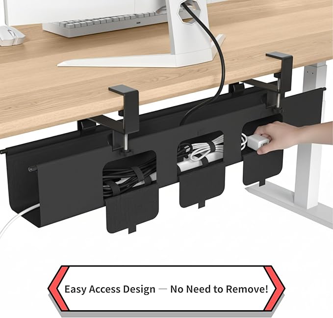 Under Desk Cable Management Tray, 36” Cord Organizer for Desk Clamp Mount, Heavy Duty Fabric Wire Management for Office Home
