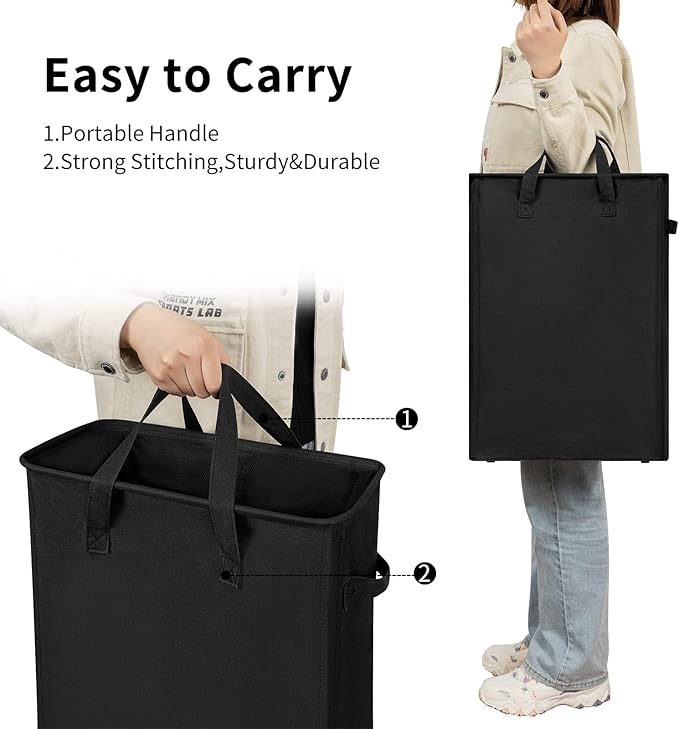 ZERO JET LAG Slim Laundry Hamper With Handles Collapsible Laundry Basket Thin Dirty Clothes Basket Narrow Laundry Bag Foldable Dirty Clothes Hamper 45L (23 inches,Black)