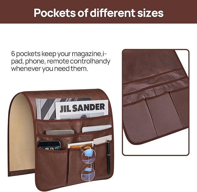 Teniux Remote Control Holder Faux Leather Armrest Organizer with 6 Pockets for Recliner Couch Sofa, Armchair Caddy for Smart Phone, Book, Magazines, Ipad, Remotes (Brown)
