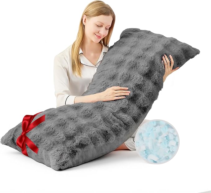 YZ HOME Faux Fur Fluffy Body Pillow for Adults - Firm Body Pillow Insert with Shredded Blue Memory Foam, Adjustable Height, Soft Support for Side Sleepers, Pregnant Women, Washable, 20x54 Inch (Grey)