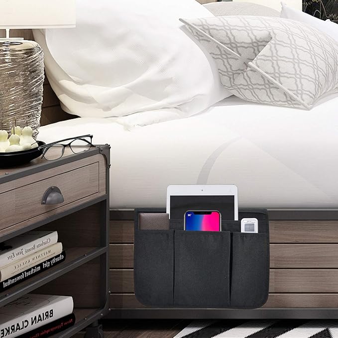 Bedside Caddy Bedside Storage Organizer Magazine Phone Tablet iPad Remote Holder, Organizer Caddy for Home College Dorm Bed, Sofa, Bunk Bed (Black)